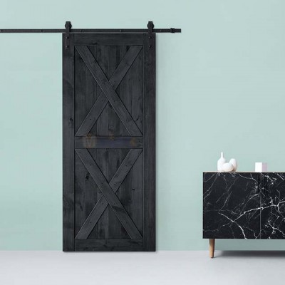 Metek Classic Double X 36-in x 84-in Midnight Black Stained 2-Panel Wood Knotty Alder Barn Door